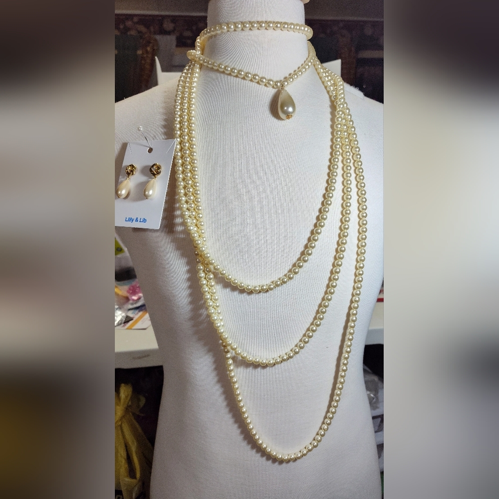 Over The Top Cream Pearl Necklace and Earring Set. Wear It Backwards On Backless